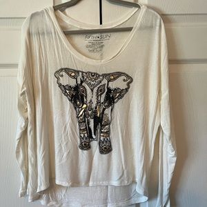 White lightweight long sleeve elephant graphic tee